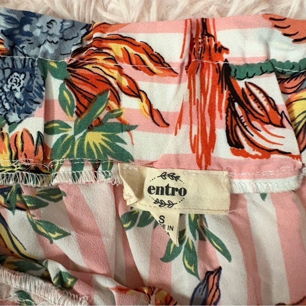 Entro Floral Off-Shoulder Top Small Floral Pink Striped Tropical Beach Blouse - Picture 3 of 5